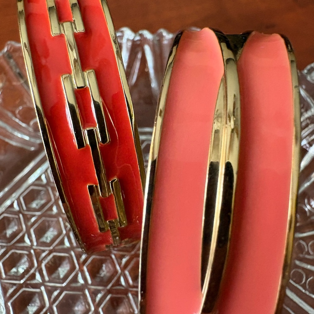 Bracelets Salmon and Orange with Gold Tone Interior and Accent  Hinged Enamel